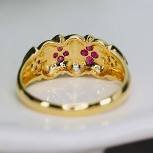 Wide band ring with ruby, and diamond in 18k yellow gold