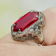 Load image into Gallery viewer, Vintage lab Ruby ring in 14k white gold filigree