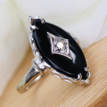 Load image into Gallery viewer, Vintage onyx and diamond navette ring in white gold