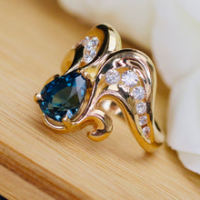 Load image into Gallery viewer, Estate heavy blue sapphire and diamond chevron ring in 14k yellow gold
