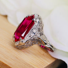 Load image into Gallery viewer, Vintage lab Ruby ring in 14k white gold filigree