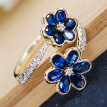 Load image into Gallery viewer, Sapphire and diamond flower style bypass ring in 14k white gold