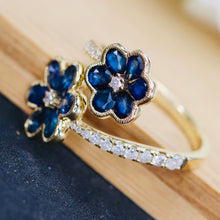 Load image into Gallery viewer, Sapphire and diamond flower style bypass ring in 14k white gold