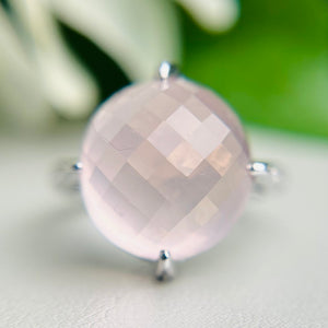 Checkerboard dome rose quartz and diamond ring in 18k white gold