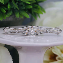 Load image into Gallery viewer, Mid Century diamond filigree bar brooch in 14k white gold