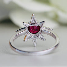 Load image into Gallery viewer, Ruby and diamond compass star ring in 14k white gold