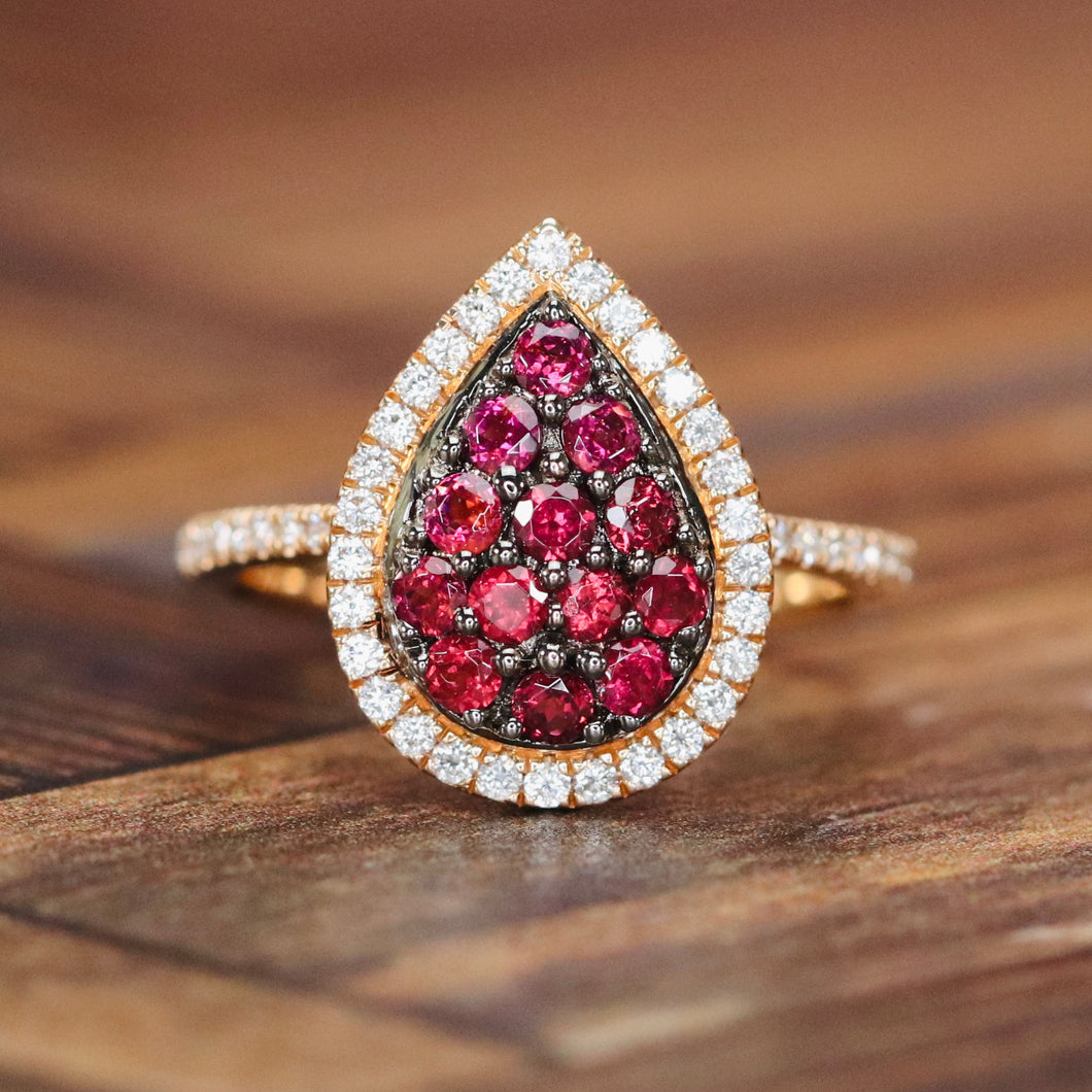 Rhodolite and diamond pear shape cluster ring in 14k rose gold