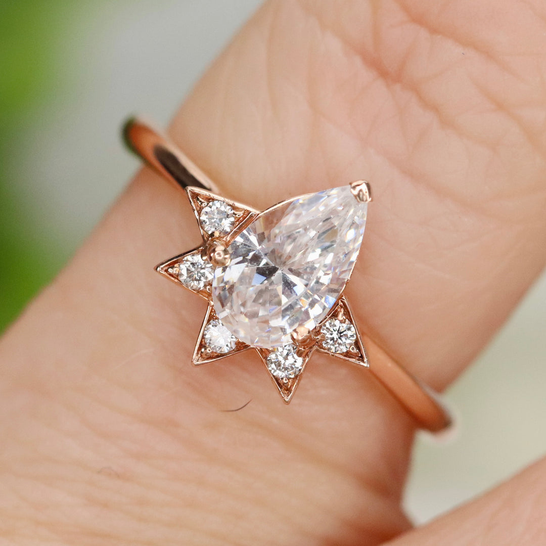 CLEARANCE! Pear shaped CZ and diamond ring in 14k rose gold