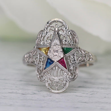Vintage Eastern star ring in 14k white gold