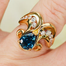 Load image into Gallery viewer, Estate heavy blue sapphire and diamond chevron ring in 14k yellow gold