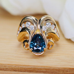 Estate heavy blue sapphire and diamond chevron ring in 14k yellow gold