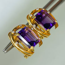 Load image into Gallery viewer, Amethyst and Diamond horseshoe earrings in 14k yellow gold