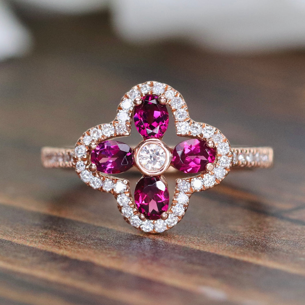 Rhodolite and diamond ring in 14k rose gold