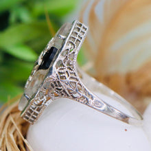 Load image into Gallery viewer, Vintage onyx and rock crystal ring in 14k white gold