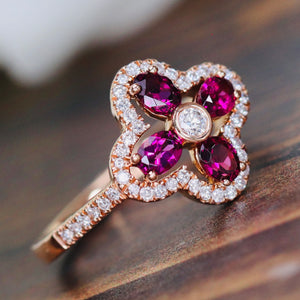 Rhodolite and diamond ring in 14k rose gold