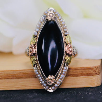 Huge Vintage onyx navette and pearl ring in 14k white gold