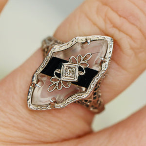 Vintage onyx, rock crystal and diamond ring in white gold