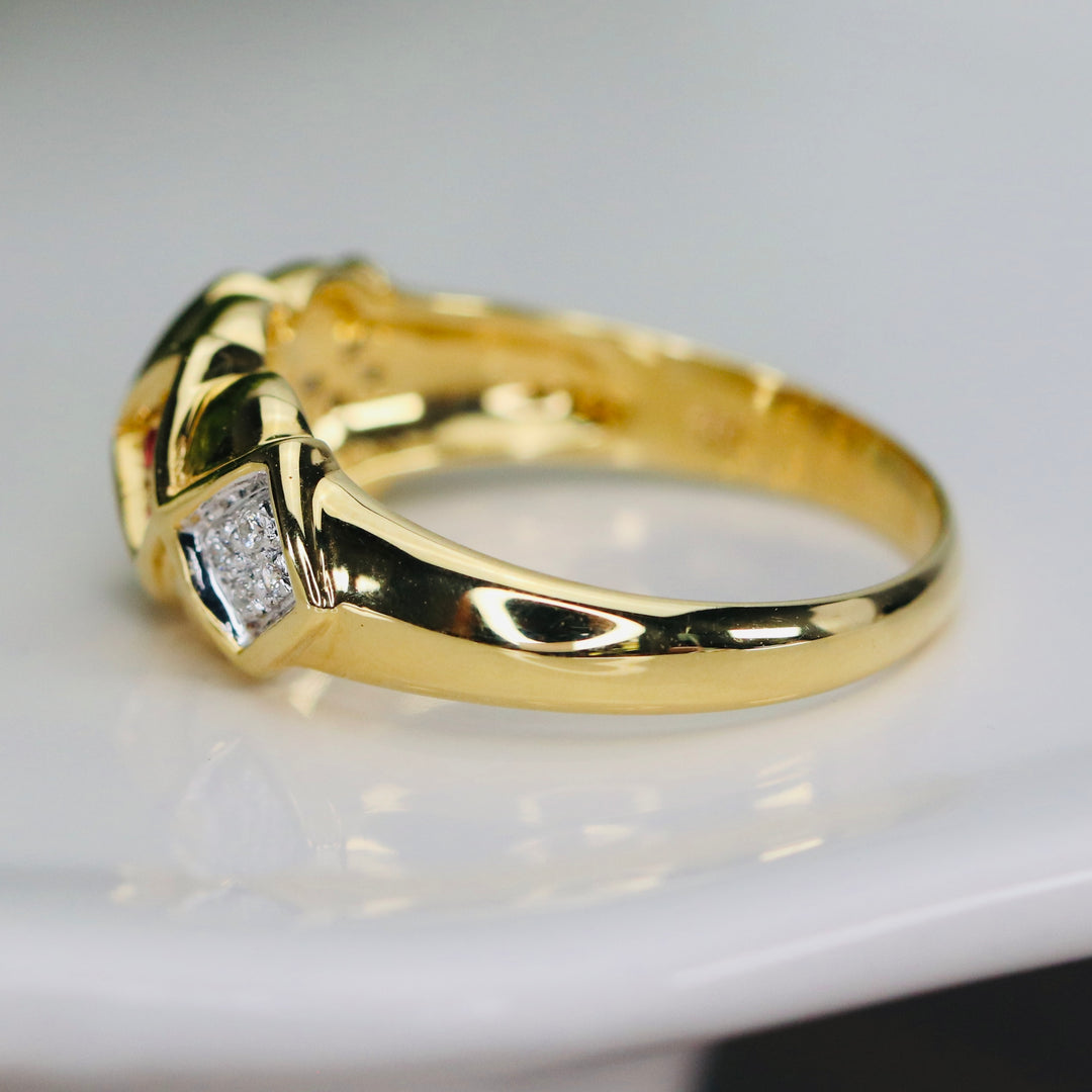 CLEARANCE!  Wide band ring with ruby, and diamond in 18k yellow gold