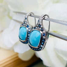 Load image into Gallery viewer, Estate Turquoise, Sapphire and diamond earrings in 18k white gold