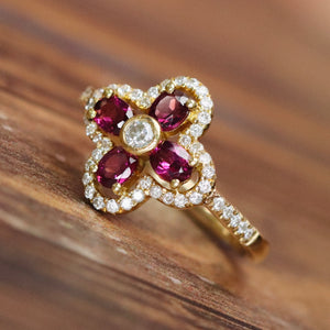Rhodolite and diamond ring in 14k yellow gold