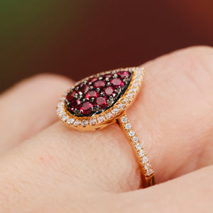 Rhodolite and diamond pear shape cluster ring in 14k rose gold