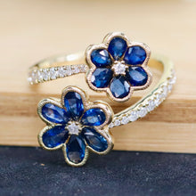 Load image into Gallery viewer, Sapphire and diamond flower style bypass ring in 14k white gold