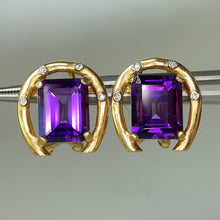 Load image into Gallery viewer, Amethyst and Diamond horseshoe earrings in 14k yellow gold