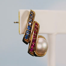 Load image into Gallery viewer, Pink and blue sapphires earrings with mabé pearls in 14k yellow gold
