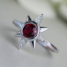 Load image into Gallery viewer, Ruby and diamond compass star ring in 14k white gold