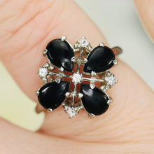 Load image into Gallery viewer, Vintage onyx clover cluster style ring in white gold