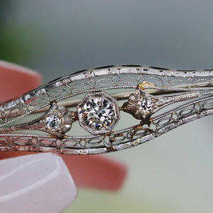 Mid Century diamond filigree bar brooch in 14k white gold