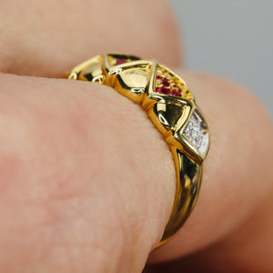 Wide band ring with ruby, and diamond in 18k yellow gold