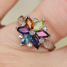 Load image into Gallery viewer, Rainbow garnet, citrine, amethyst, iolite, peridot, topaz, and diamond ring in 18k white gold