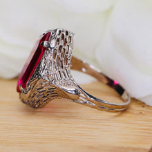 Load image into Gallery viewer, Vintage lab Ruby ring in 14k white gold filigree