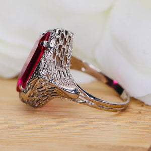 Vintage lab Ruby ring in 14k white gold filigree