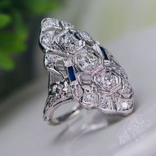 Load image into Gallery viewer, Large transitional cut diamond and sapphire plaque ring in 18k white gold