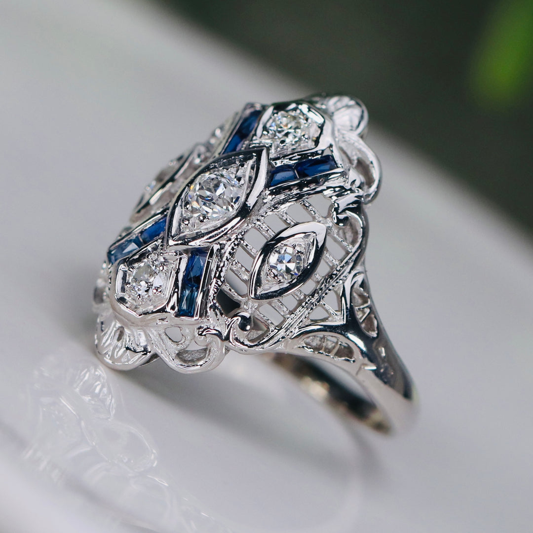 Vintage diamond and synthetic sapphire ring in 14k white gold from Manor Jewels