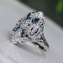 Load image into Gallery viewer, Vintage diamond and synthetic sapphire ring in 14k white gold from Manor Jewels