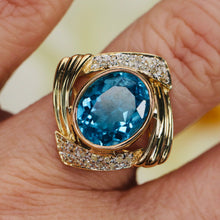 Load image into Gallery viewer, Swiss blue topaz and diamond ring in 14k yellow gold