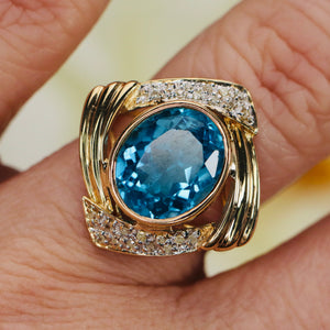 Swiss blue topaz and diamond ring in 14k yellow gold