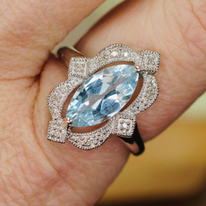 Long and lean Aquamarine and Diamond 14k white Gold Ring