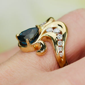 Estate heavy blue sapphire and diamond chevron ring in 14k yellow gold