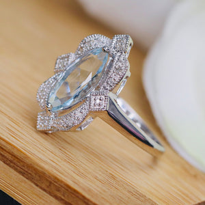 Long and lean Aquamarine and Diamond 14k white Gold Ring
