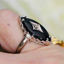 Load image into Gallery viewer, Vintage onyx and diamond navette ring in white gold