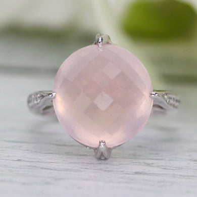 Checkerboard dome rose quartz and diamond ring in 18k white gold