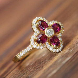 Rhodolite and diamond ring in 14k yellow gold