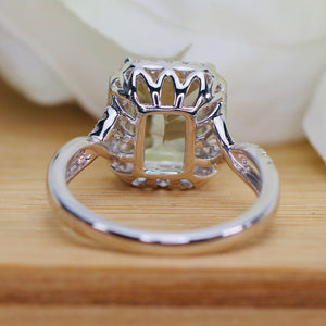 Concave cut prasiolite and diamond ring in 14k white gold