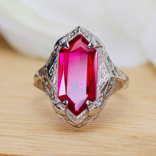 Load image into Gallery viewer, Vintage lab Ruby ring in 14k white gold filigree