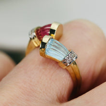 Load image into Gallery viewer, Carved blue topaz and pink tourmaline ring in yellow gold